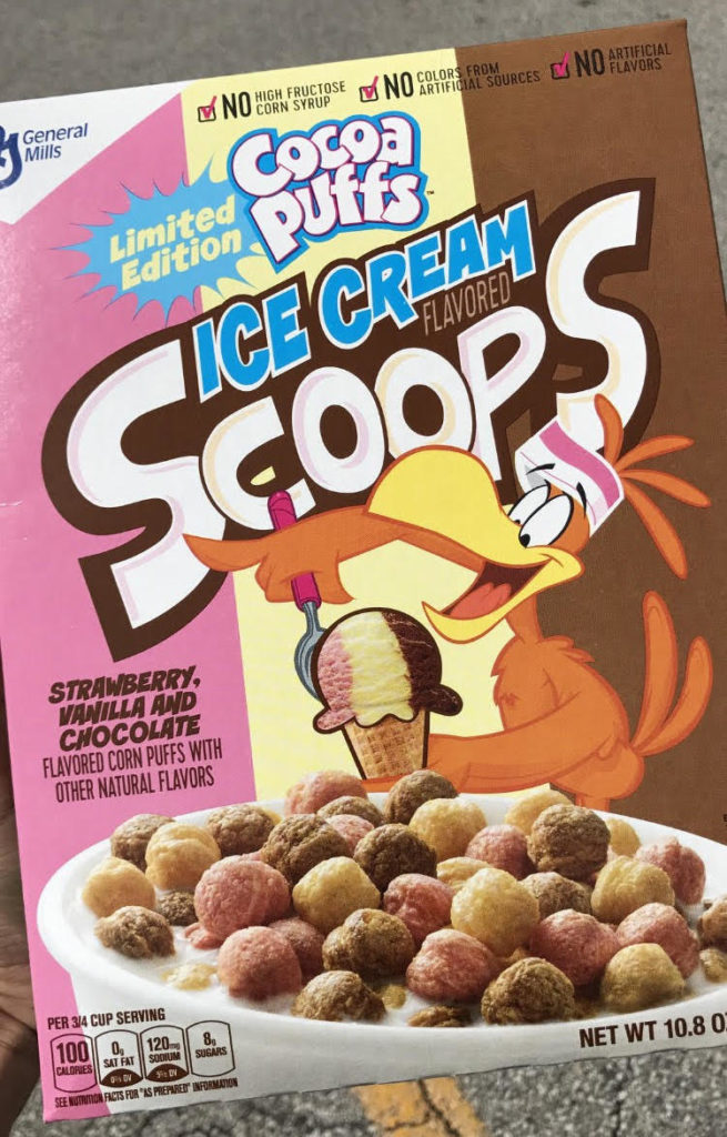 Neapolitan Cocoa Puffs Ice Cream Scoops: Strawberry, Vanilla, Chocolate