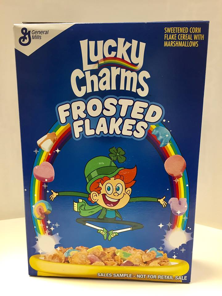 General Mills 2018 Lucky Charms Frosted Flakes Cereal Box. 