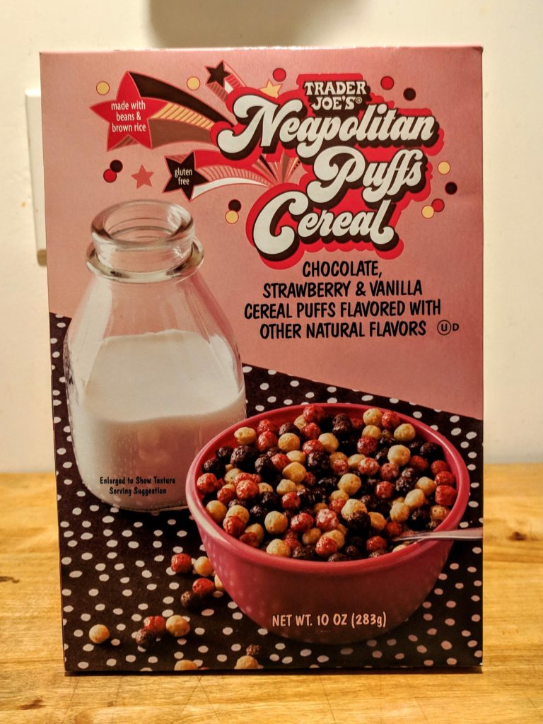 Trader Joe's Neapolitan Puffs Cereal Box