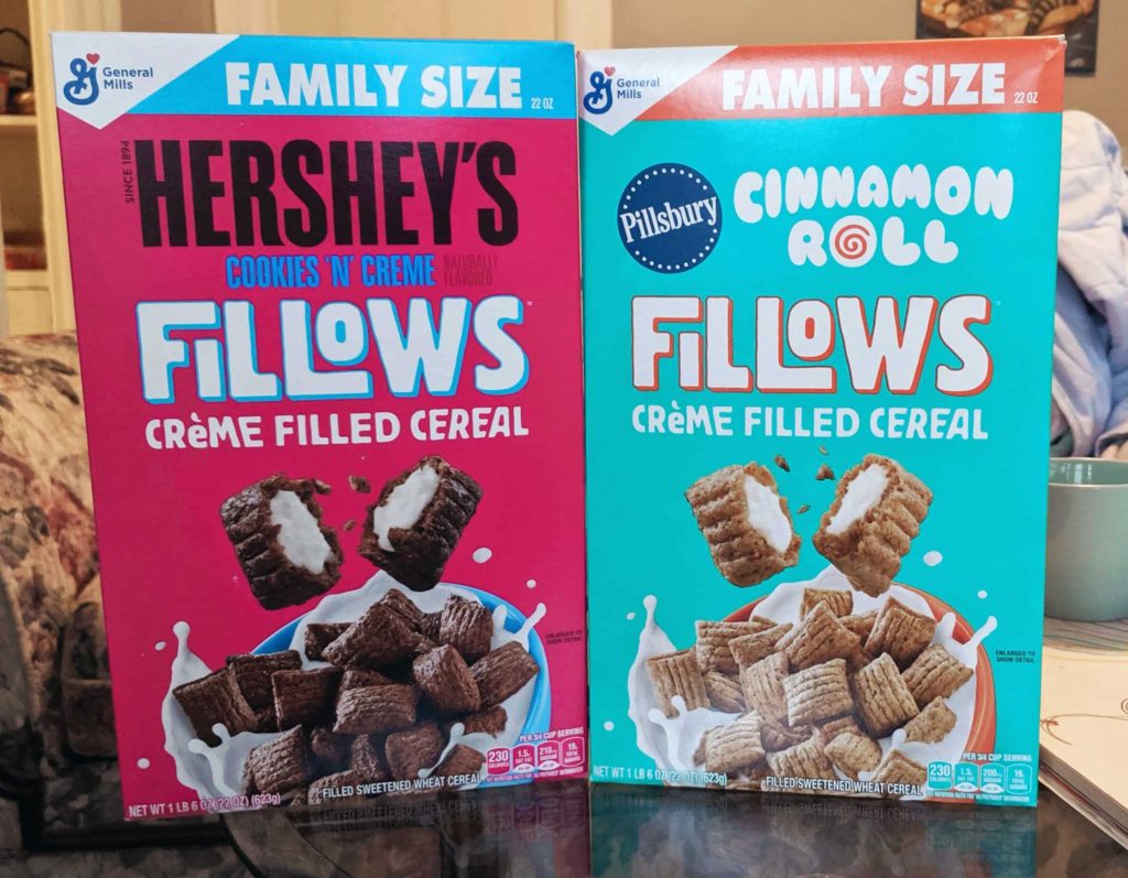 Hershey's Cookies n Creme & Pillsbury Cinnamon Roll Fillows Cereal Review Boxes