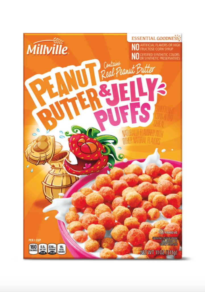 Millville Peanut Butter & Jelly Puffs Cereal Box