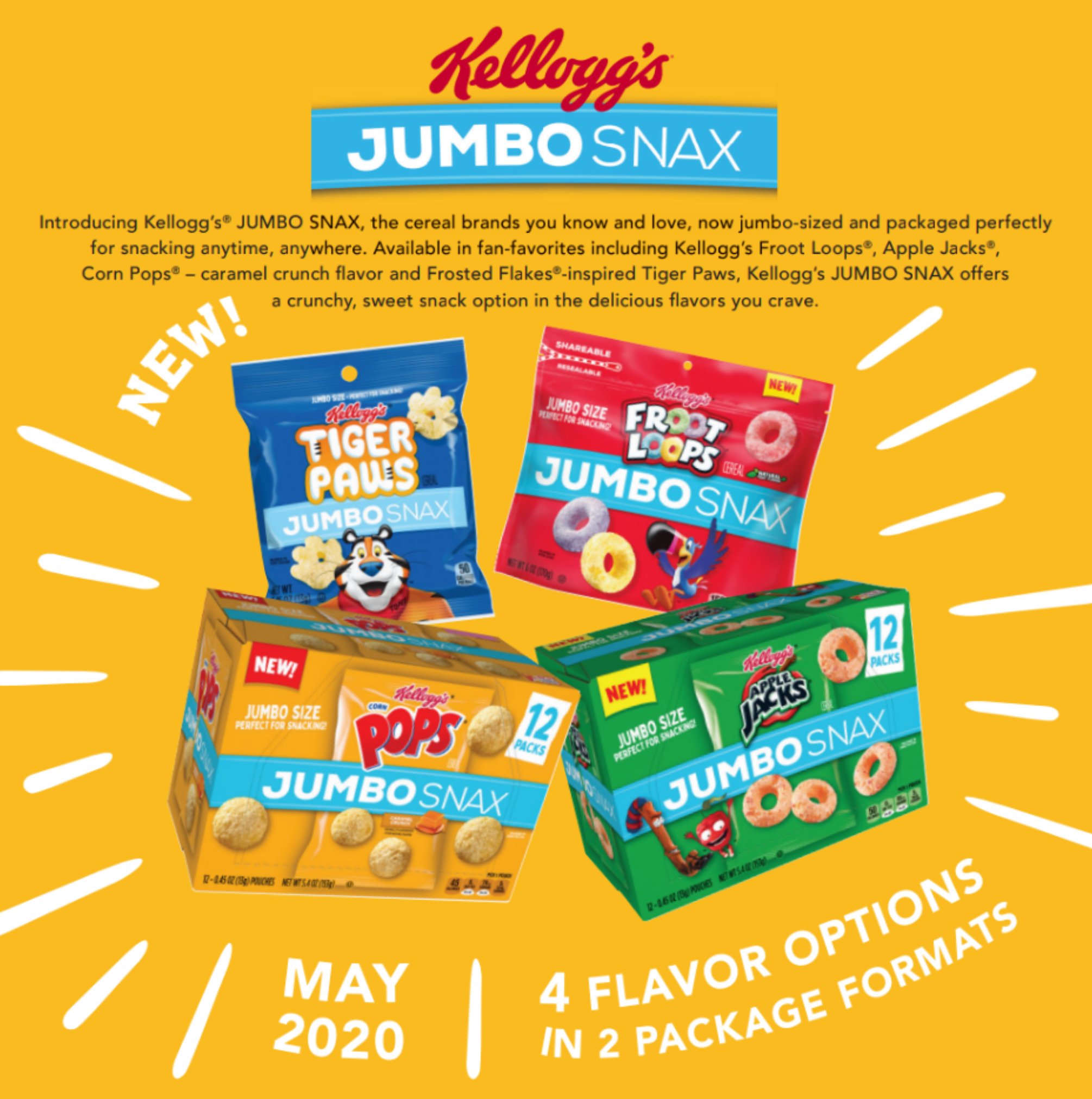 Kellogg's New Jumbo Snax: Apple Jacks, Froot Loops, Caramel Corn Pops, and Frosted Flakes Tiger Paws Cereals Snacks 