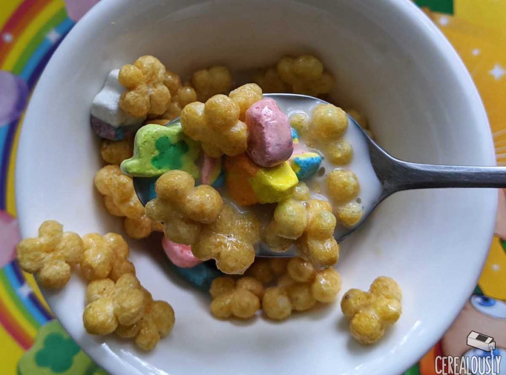 New Honey Lucky Charms Cereal Review with Honey Clovers and Milk